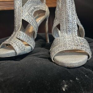 Silver High Heel Open-Toe Shoes with Intricate Straps